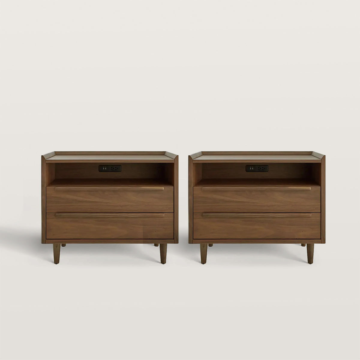 2-Drawer Mid-Century Nightstand with Outlets Bedside Table