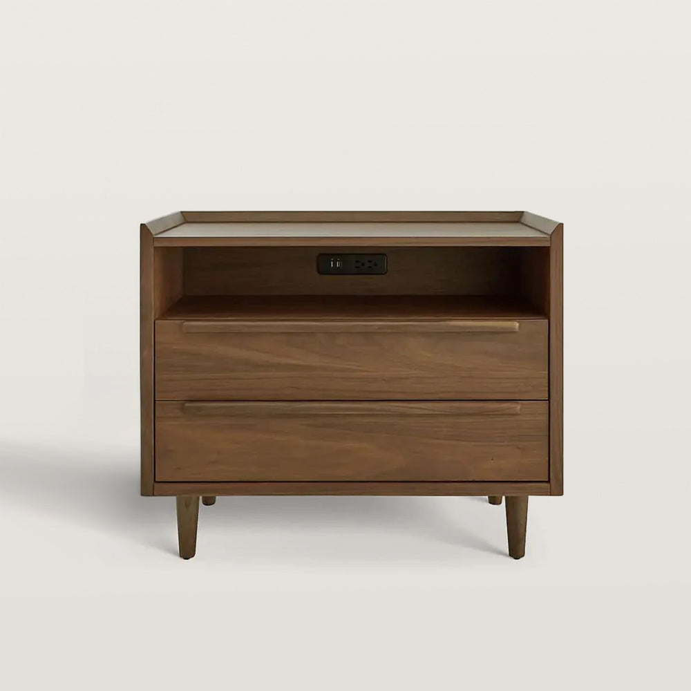 2-Drawer Mid-Century Nightstand with Outlets Bedside Table