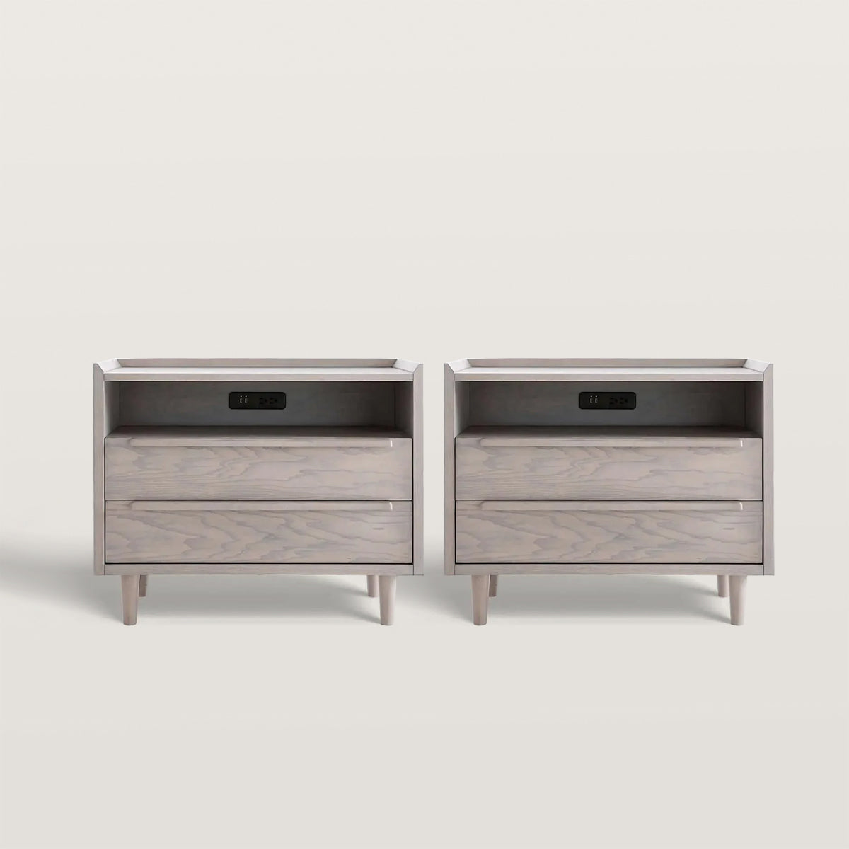 2-Drawer Mid-Century Nightstand with Outlets Bedside Table