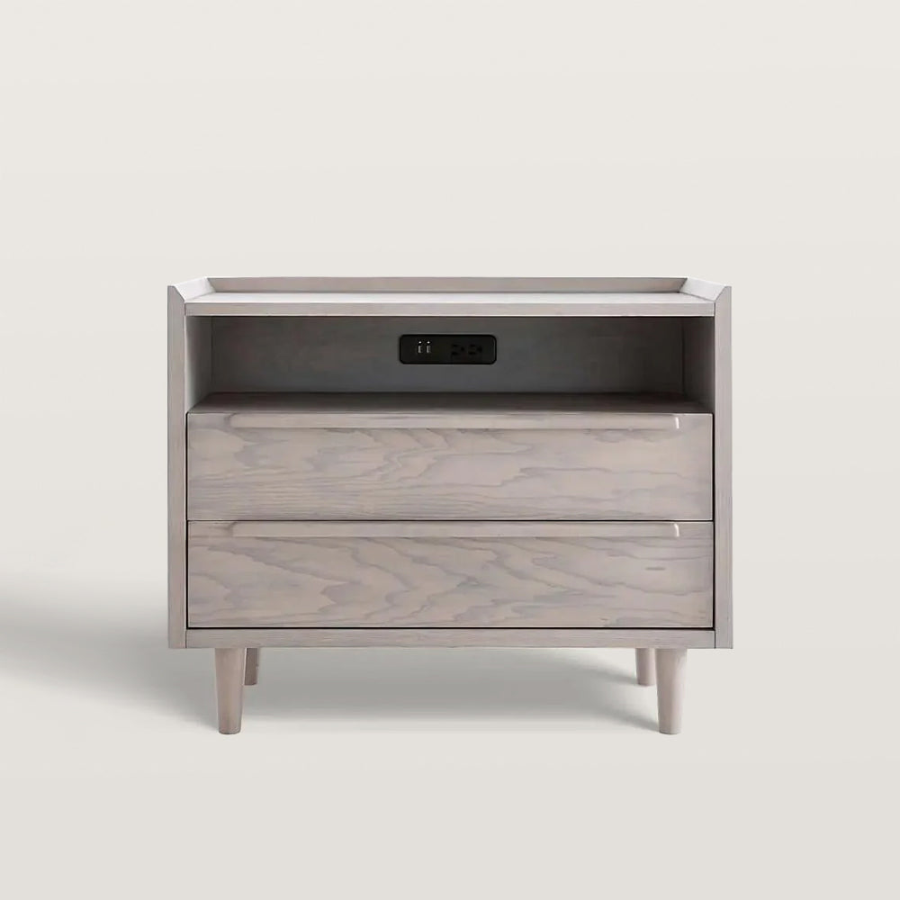 2-Drawer Mid-Century Nightstand with Outlets Bedside Table