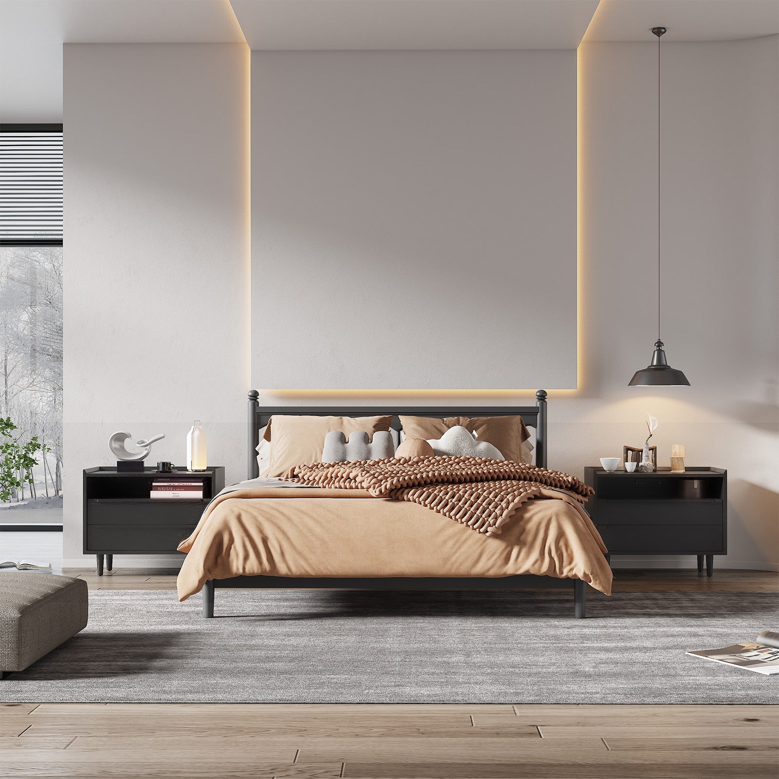 2-Drawer Mid-Century Nightstand with Outlets Bedside Table