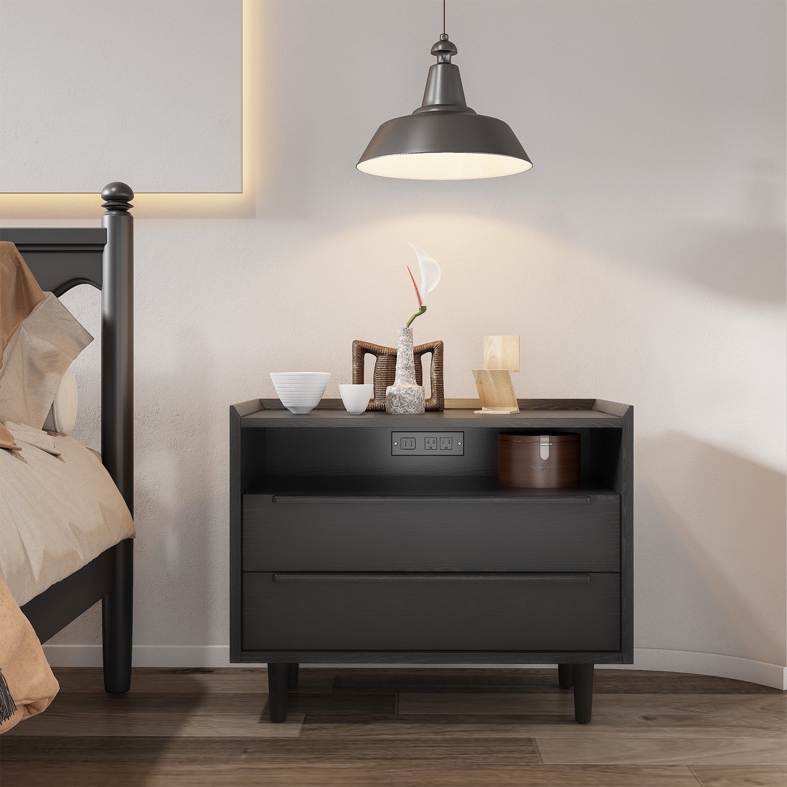 2-Drawer Mid-Century Nightstand with Outlets Bedside Table