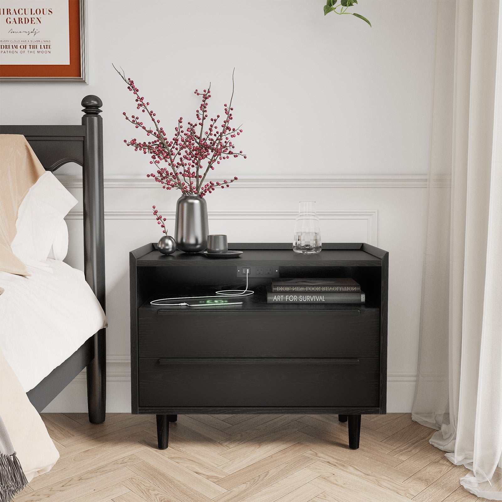 2-Drawer Mid-Century Nightstand with Outlets Bedside Table