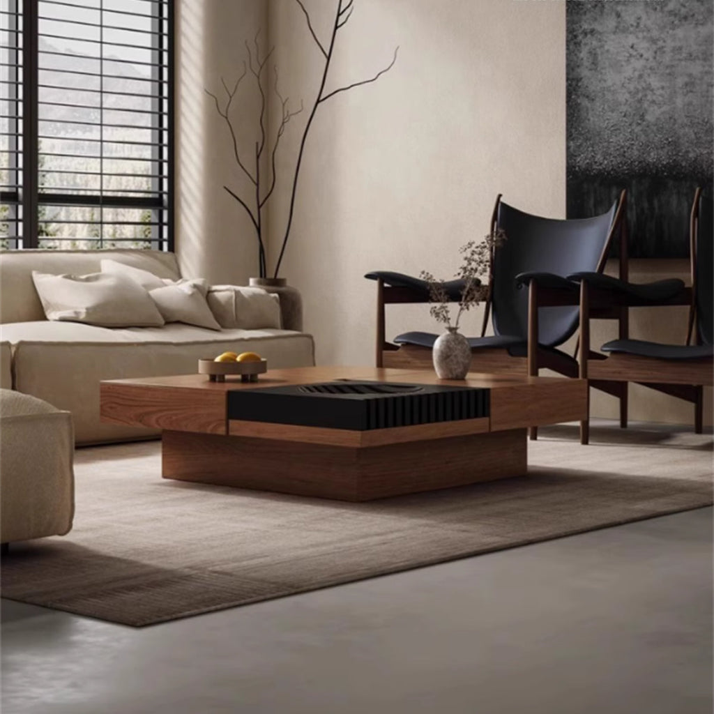 Mid-Century Fluted Square Solid Wood Coffee Table