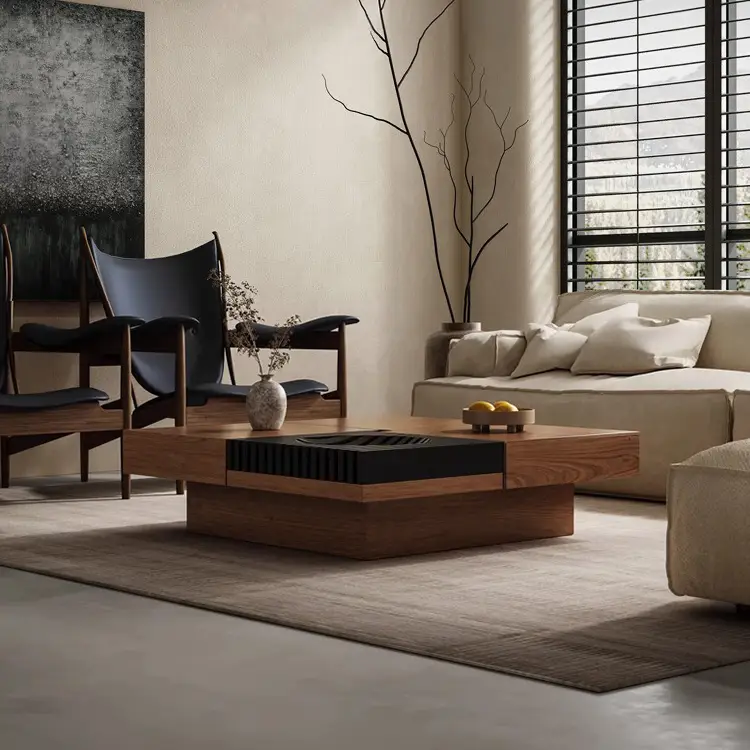 Mid-Century Fluted Square Solid Wood Coffee Table