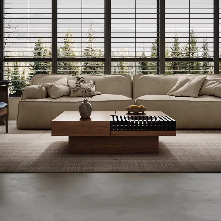 Mid-Century Fluted Square Solid Wood Coffee Table