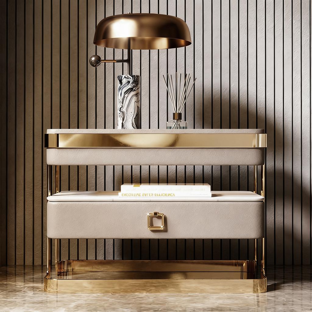 Italian Rock Plate Nightstand Storage Glass Bedside Table