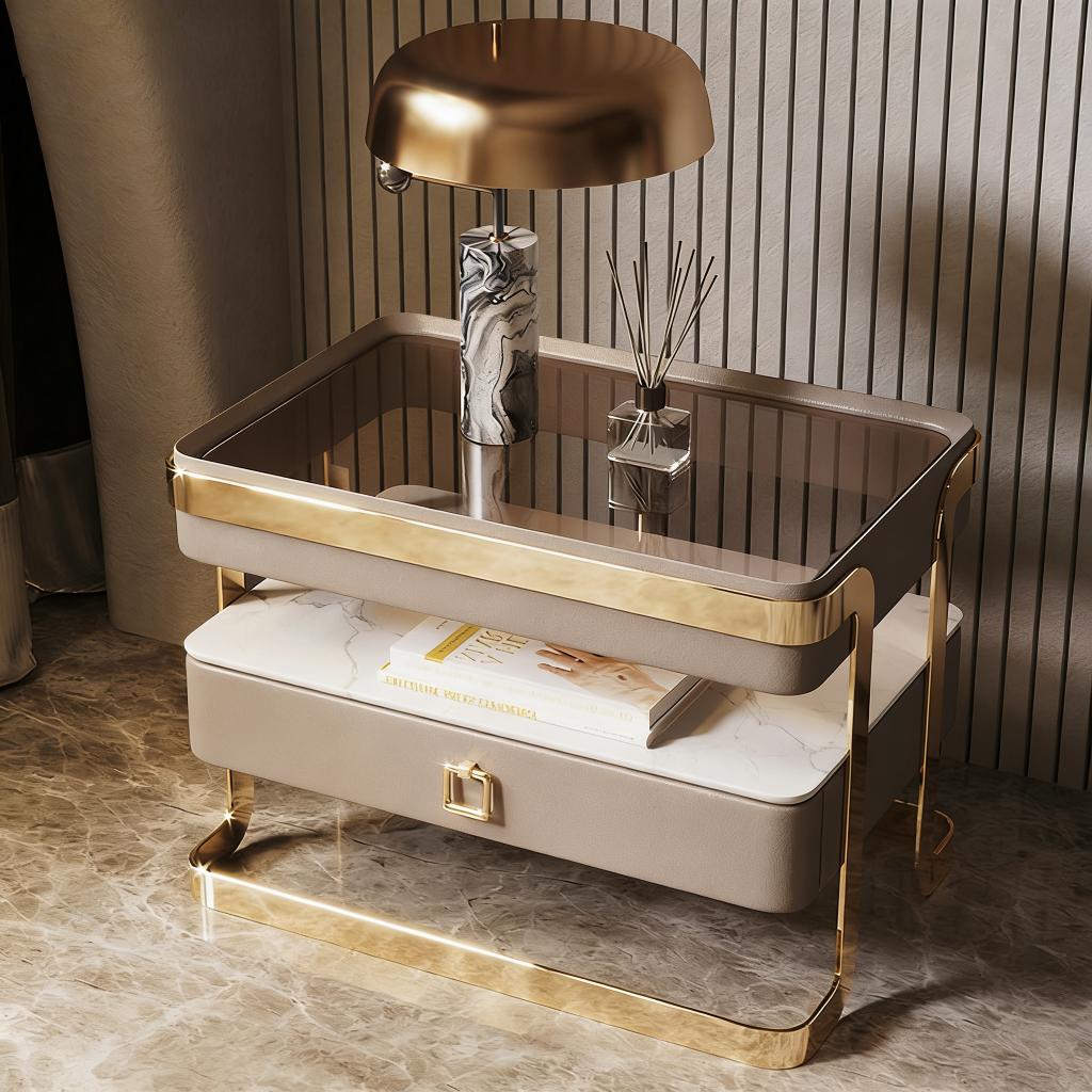 Italian Rock Plate Nightstand Storage Glass Bedside Table