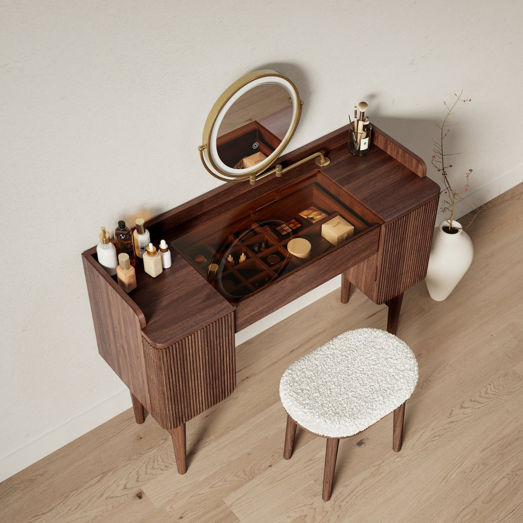 Mid-Century Modern Makeup Vanity with Rotating Mirror and Stool
