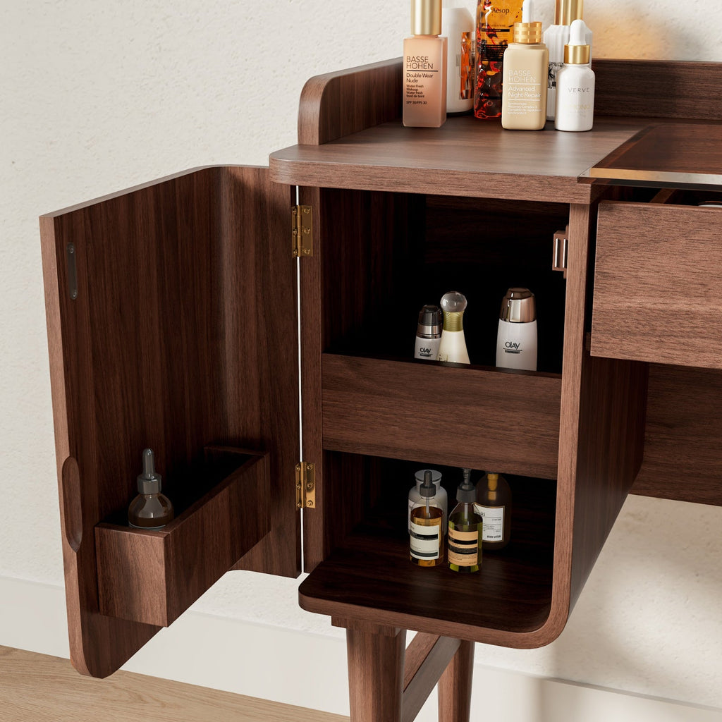 Mid-Century Modern Makeup Vanity with Rotating Mirror and Stool