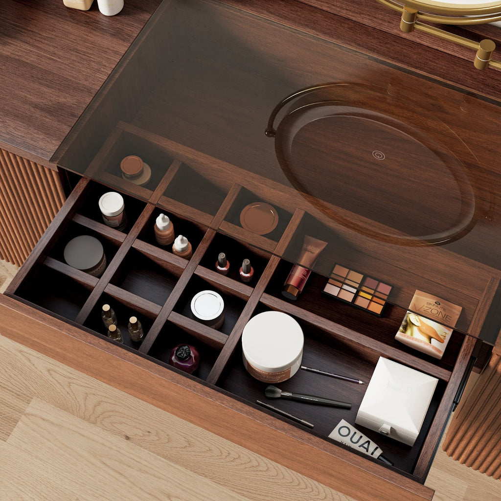 Mid-Century Modern Makeup Vanity with Rotating Mirror and Stool