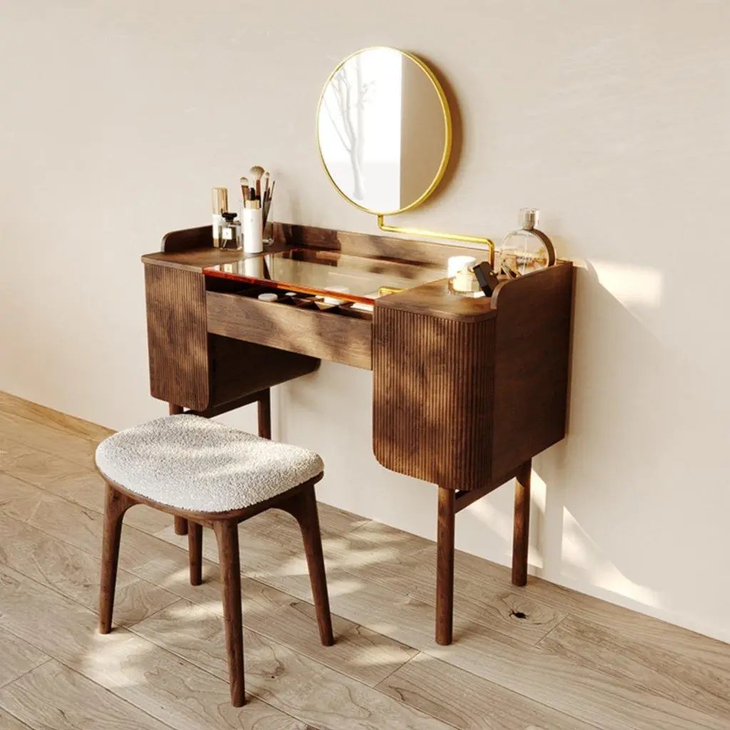 Mid-Century Modern Makeup Vanity with Rotating Mirror and Stool