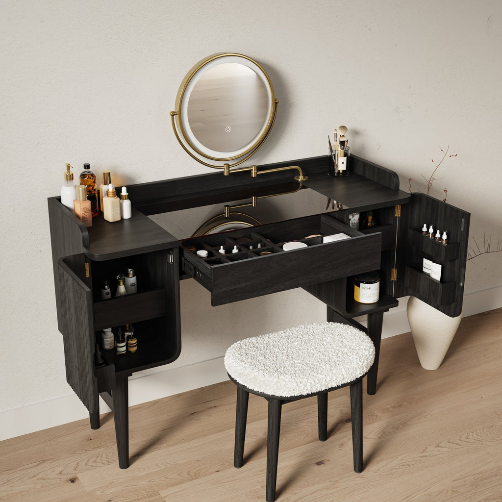 Mid-Century Modern Makeup Vanity with Rotating Mirror and Stool