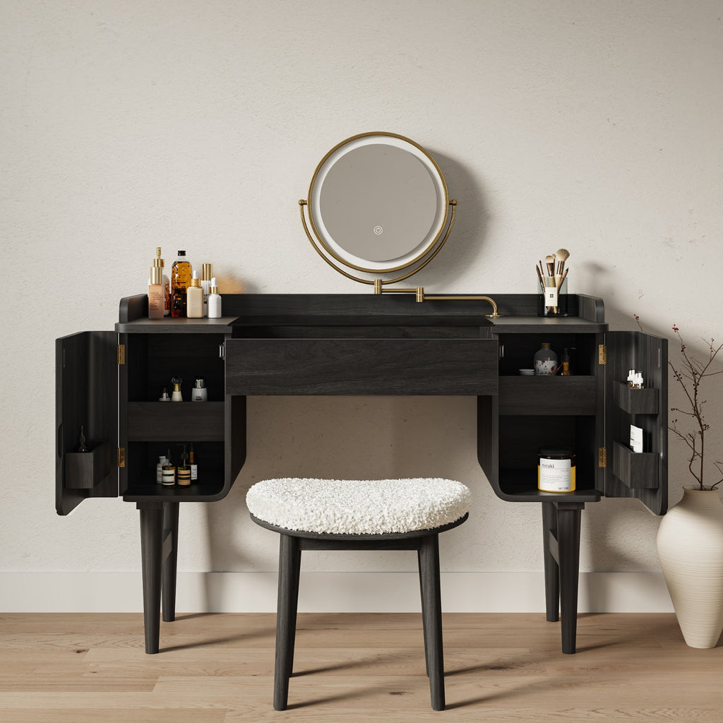 Mid-Century Modern Makeup Vanity with Rotating Mirror and Stool