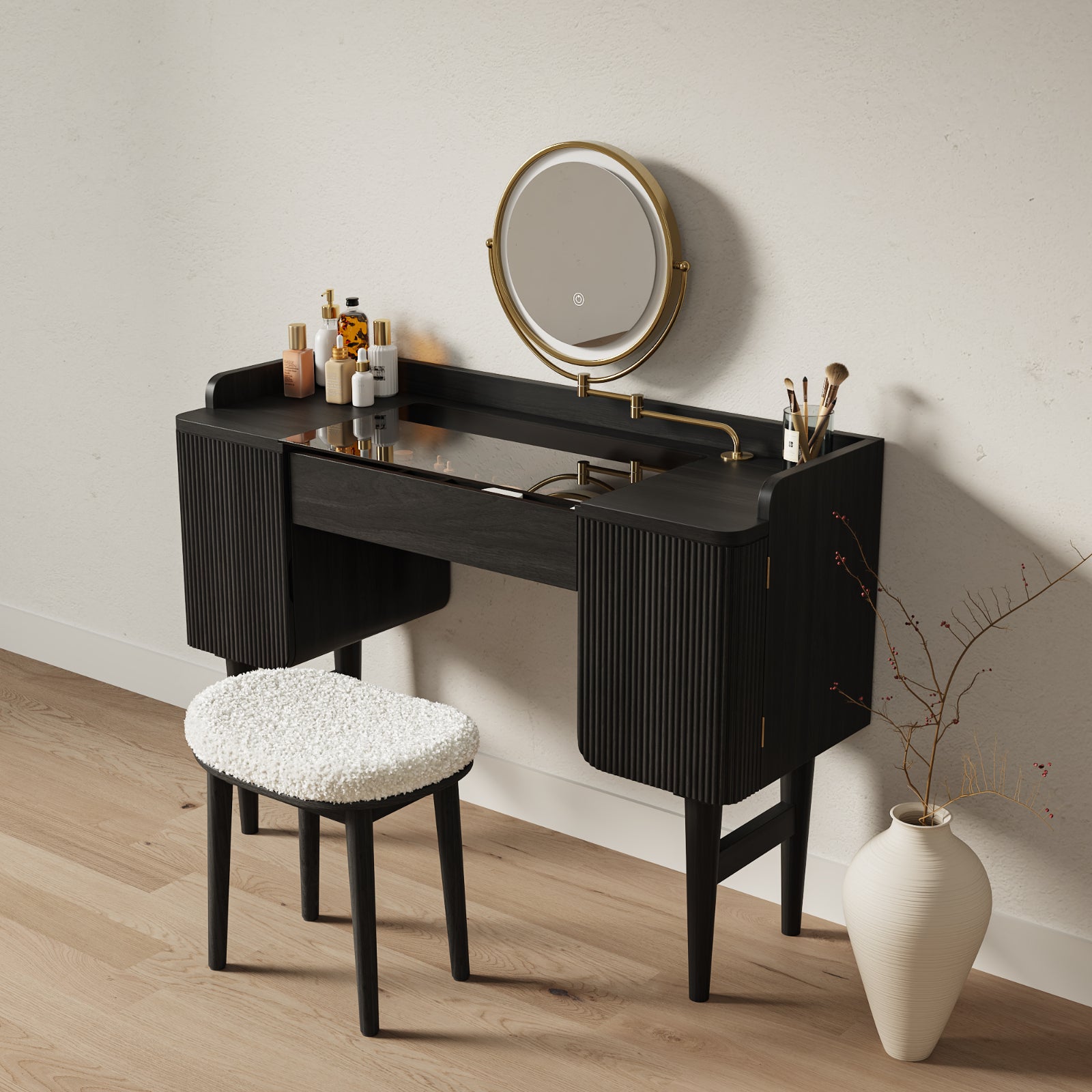 Mid-Century Modern Makeup Vanity with Rotating Mirror and Stool
