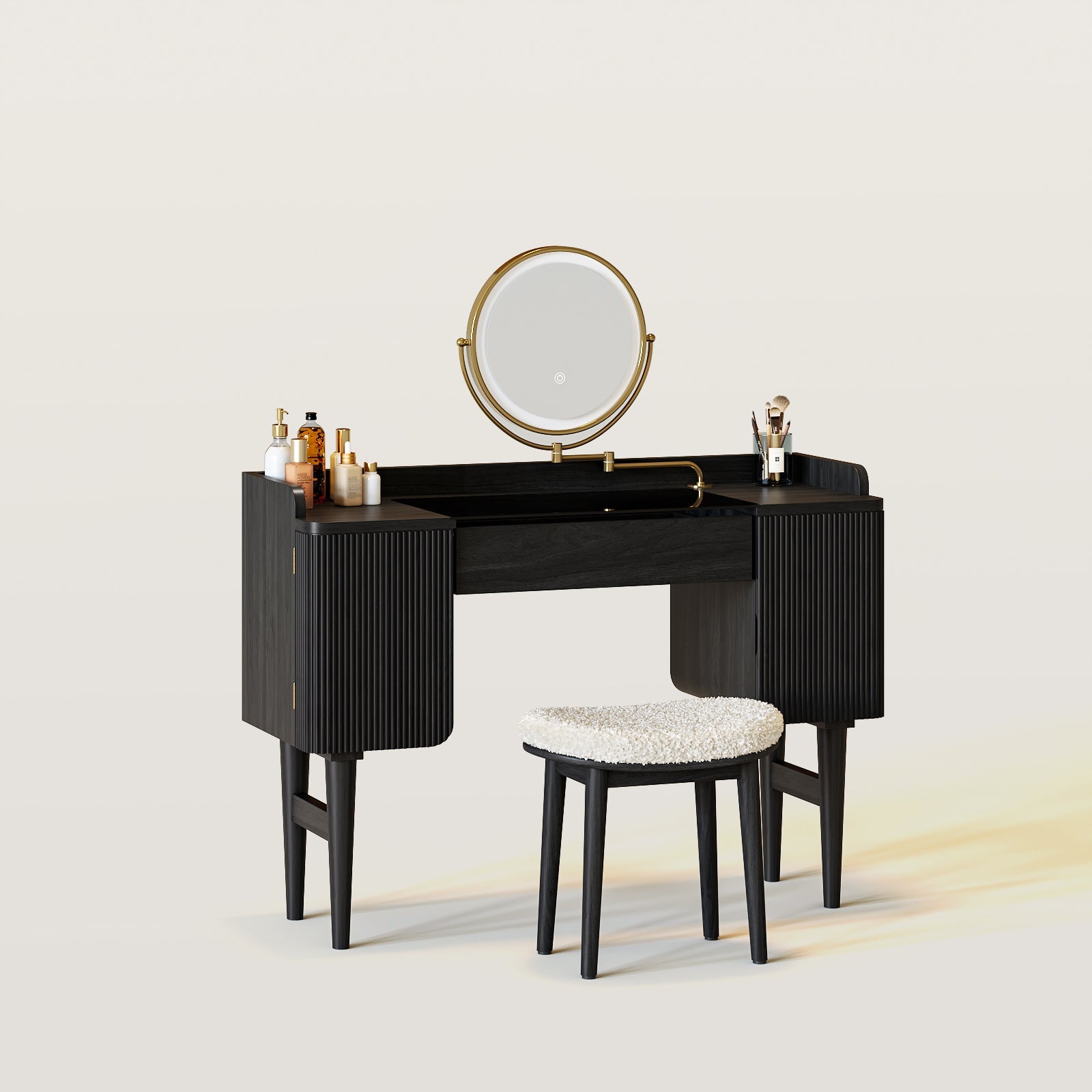 Mid-Century Modern Makeup Vanity with Rotating Mirror and Stool