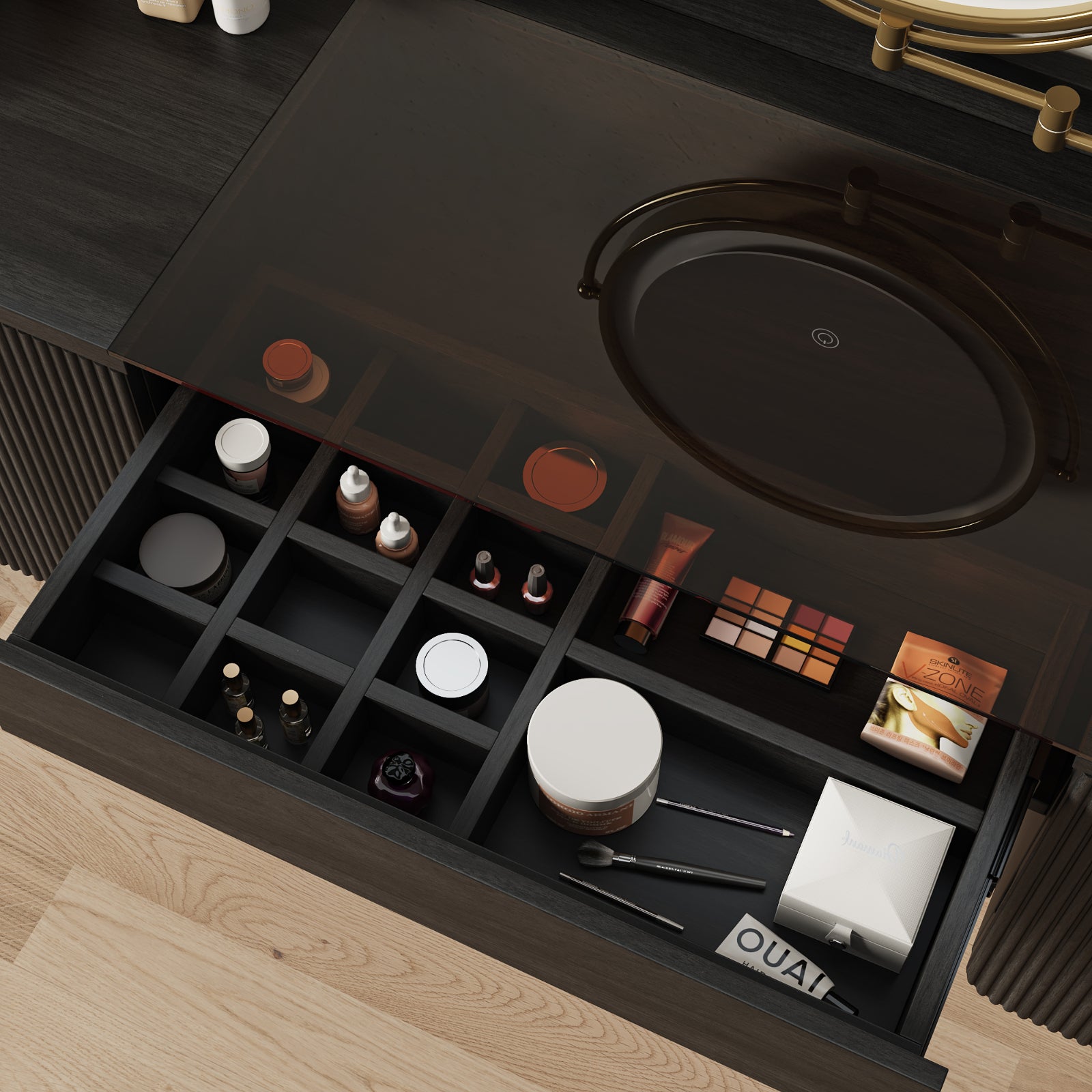 Mid-Century Modern Makeup Vanity with Rotating Mirror and Stool