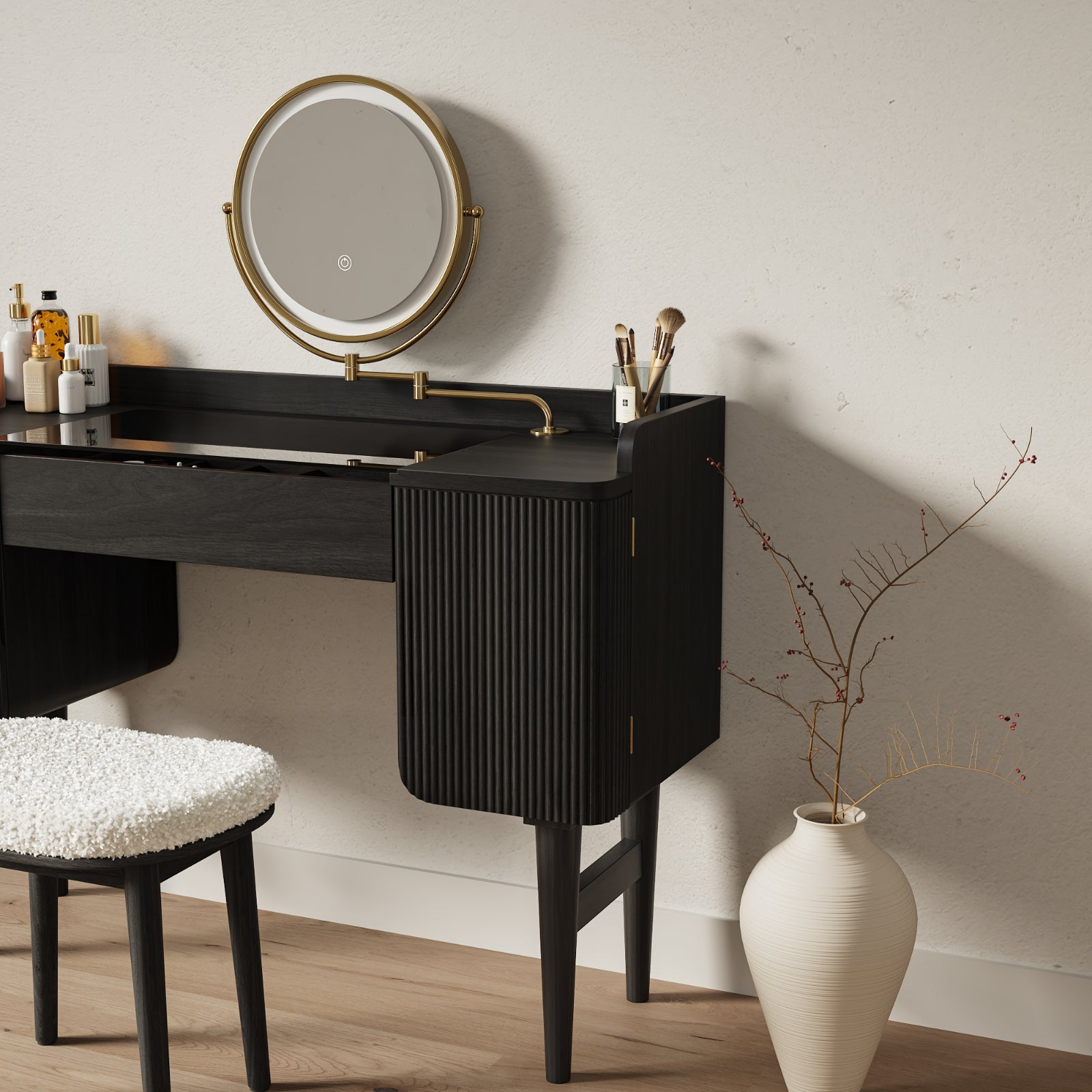 Mid-Century Modern Makeup Vanity with Rotating Mirror and Stool