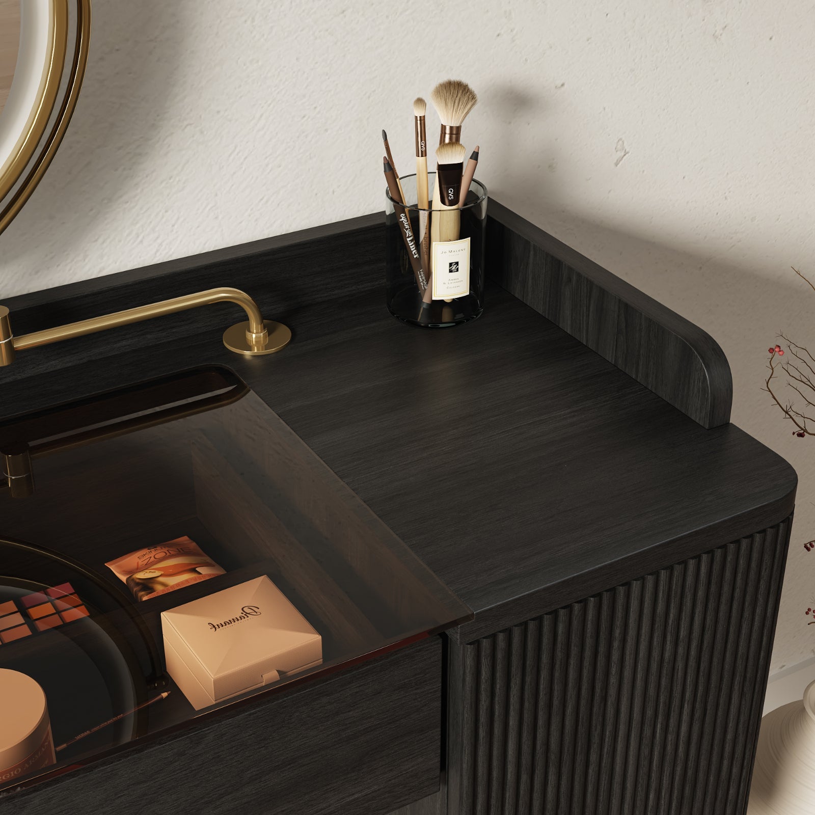 Mid-Century Modern Makeup Vanity with Rotating Mirror and Stool