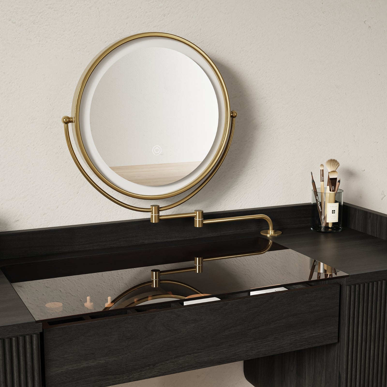 Mid-Century Modern Makeup Vanity with Rotating Mirror and Stool