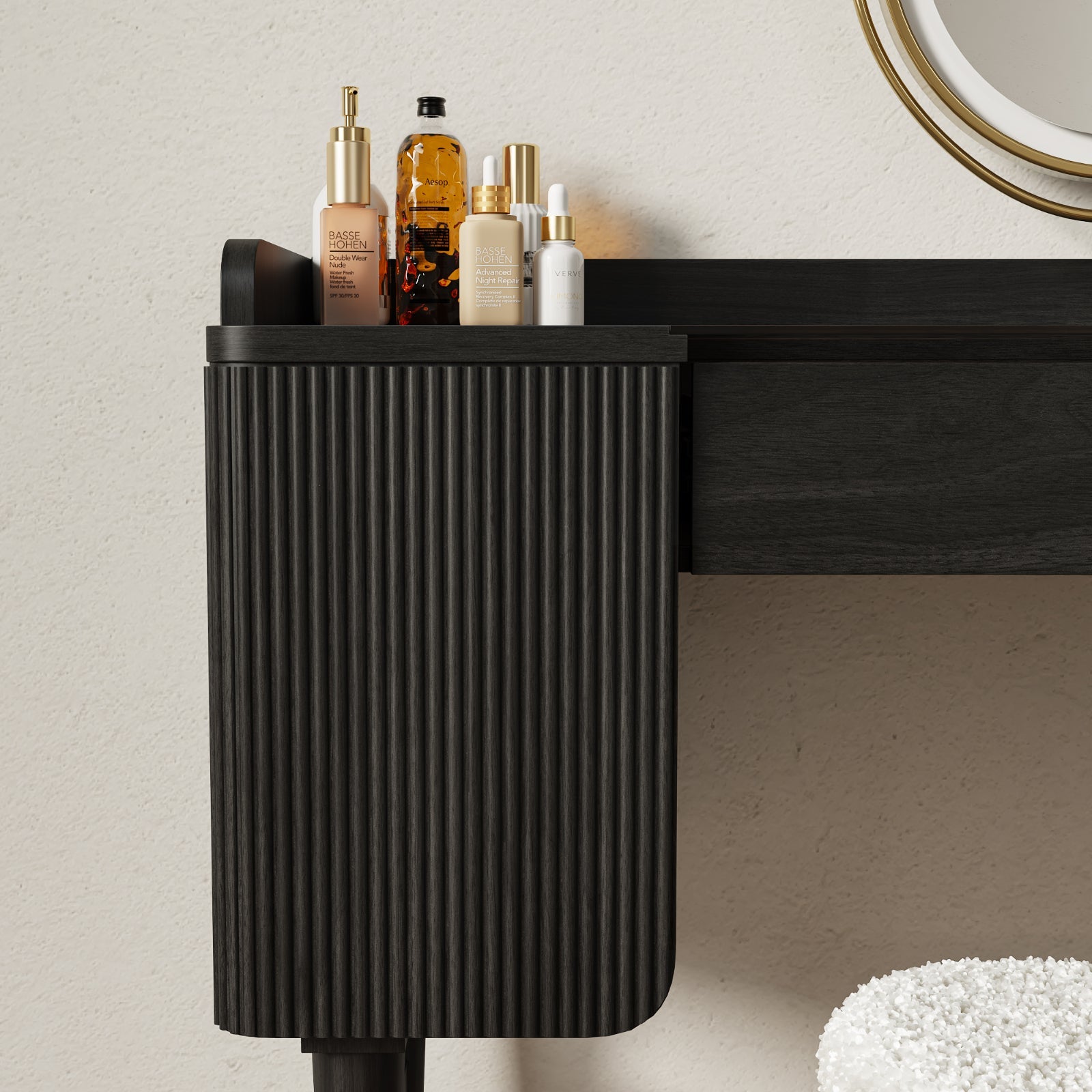 Mid-Century Modern Makeup Vanity with Rotating Mirror and Stool