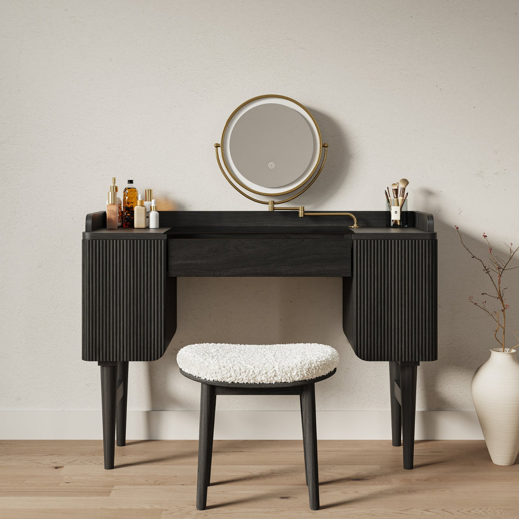 Mid-Century Modern Makeup Vanity with Rotating Mirror and Stool