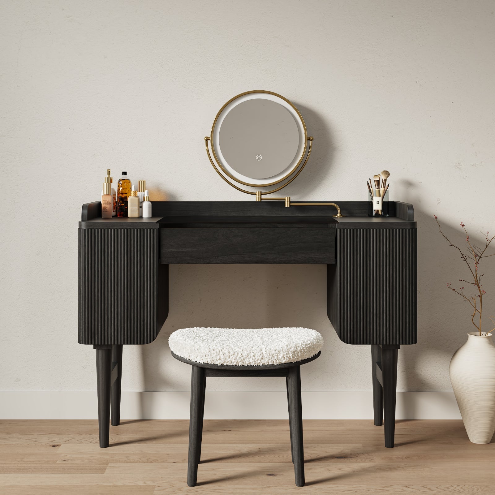 Mid-Century Modern Makeup Vanity with Rotating Mirror and Stool