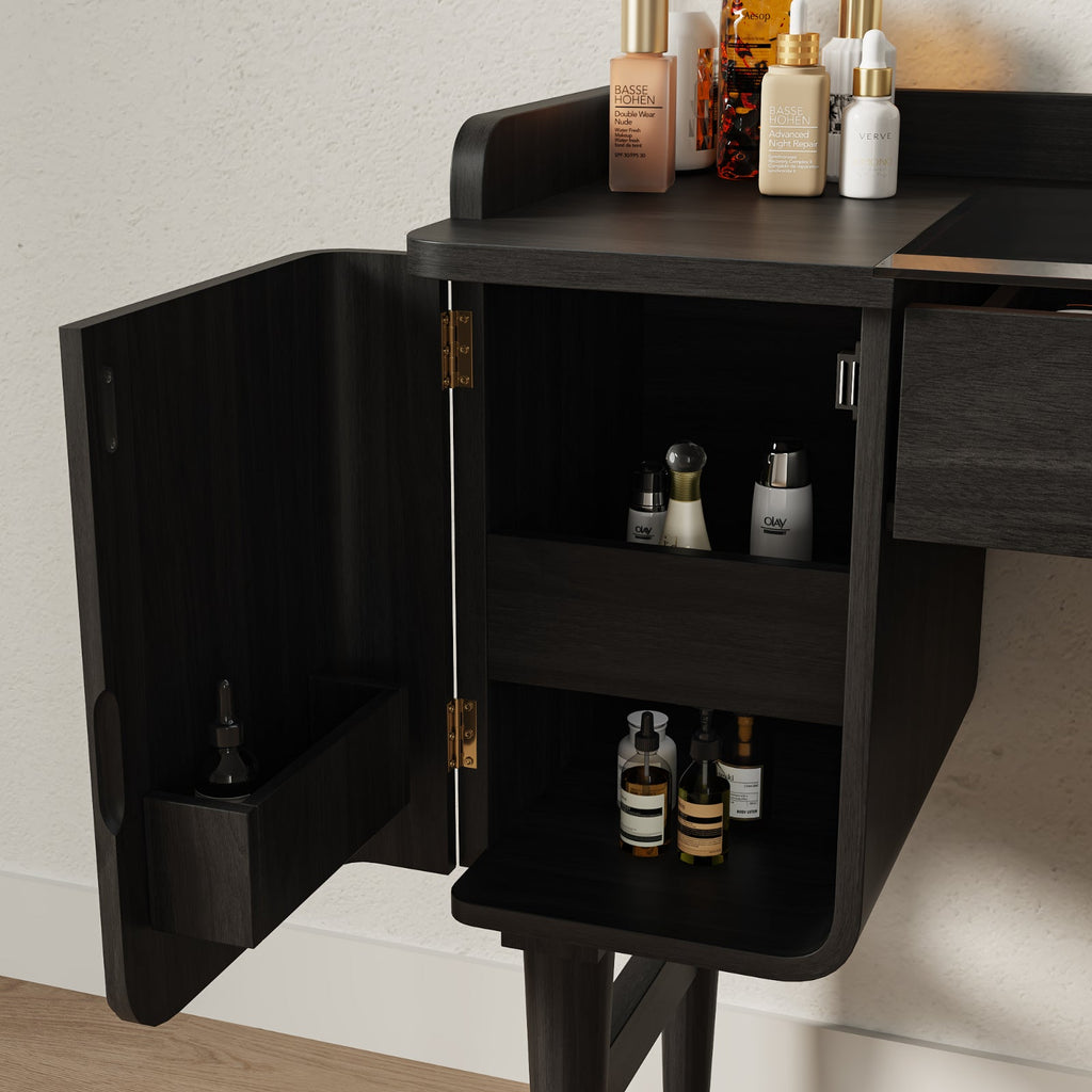 Mid-Century Modern Makeup Vanity with Rotating Mirror and Stool