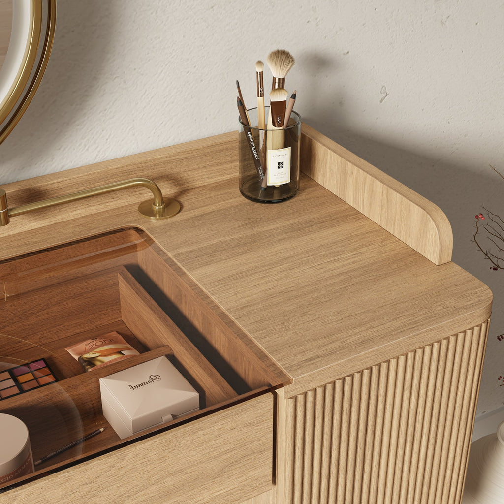 Mid-Century Modern Makeup Vanity with Rotating Mirror and Stool
