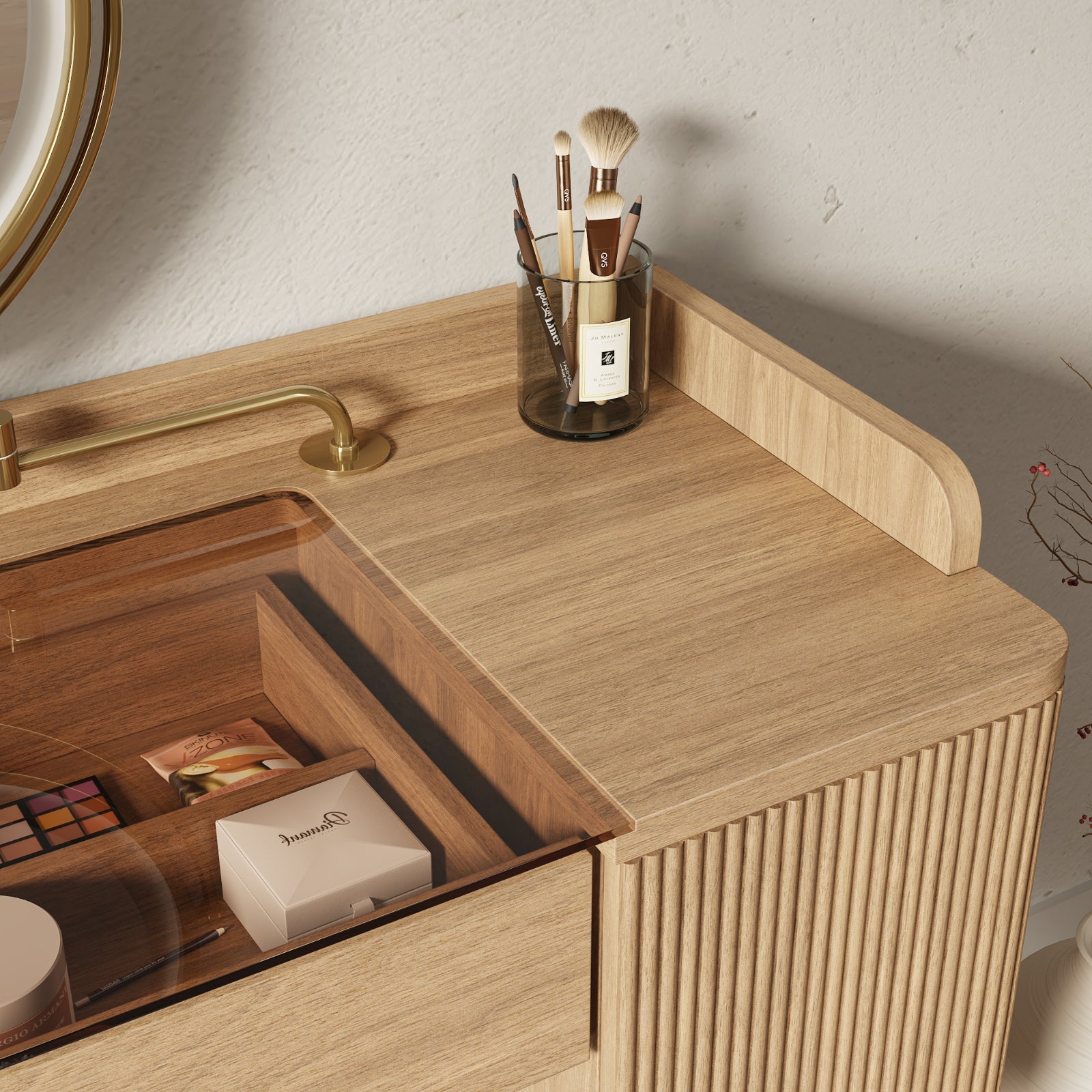 Mid-Century Modern Makeup Vanity with Rotating Mirror and Stool