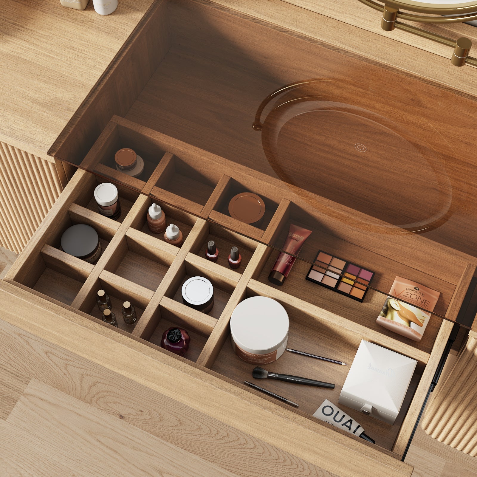 Mid-Century Modern Makeup Vanity with Rotating Mirror and Stool