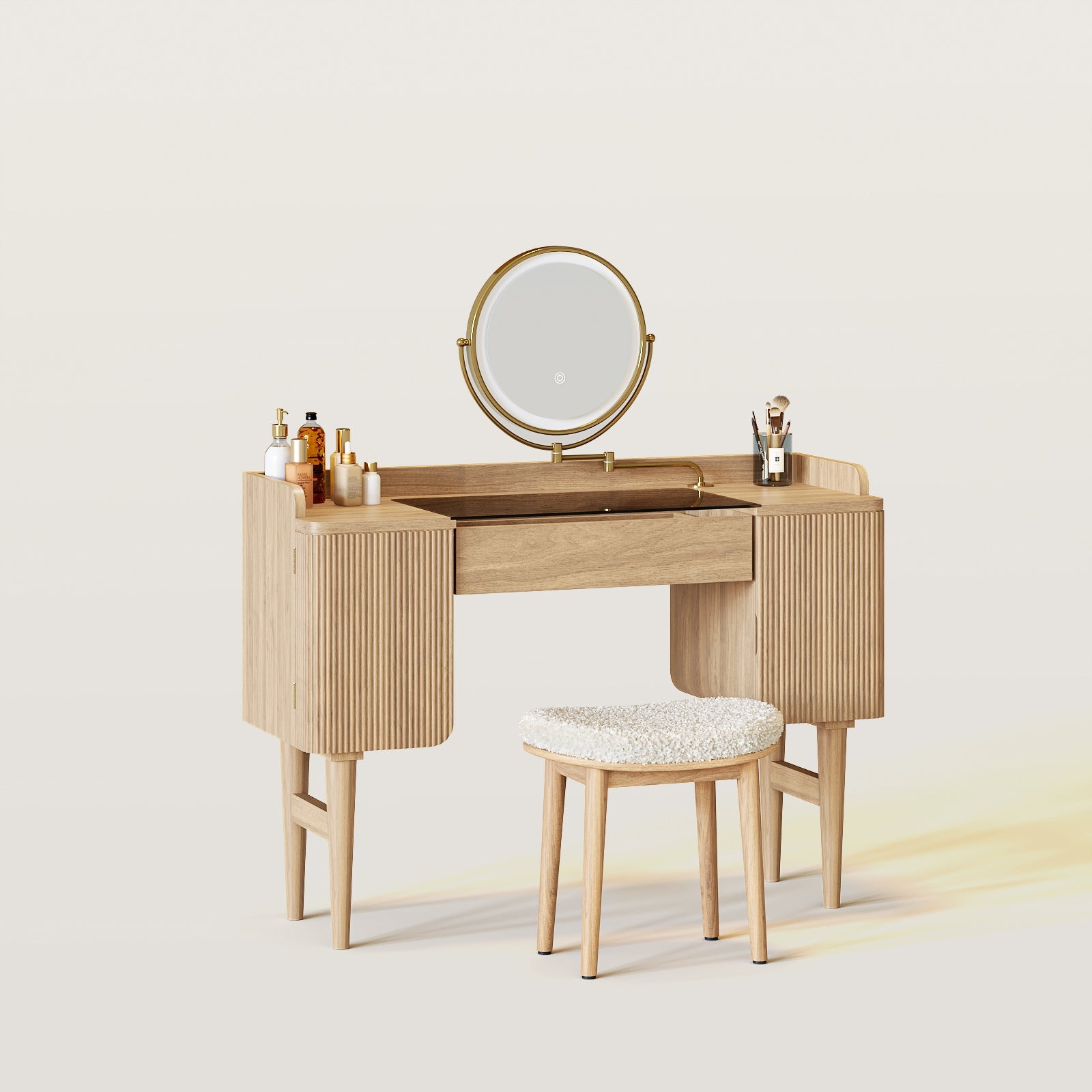 Mid-Century Modern Makeup Vanity with Rotating Mirror and Stool