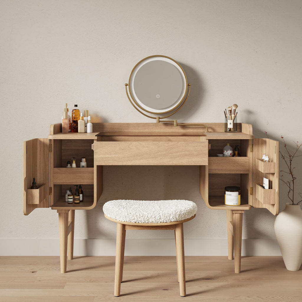 Mid-Century Modern Makeup Vanity with Rotating Mirror and Stool