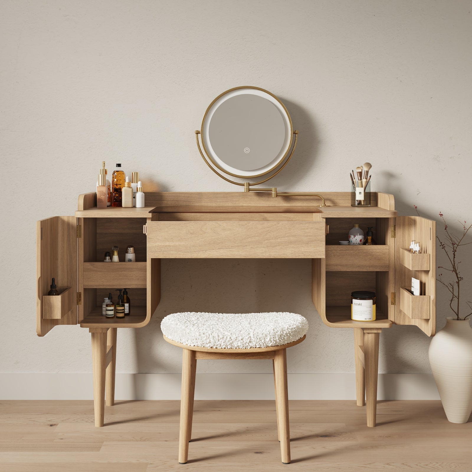 Mid-Century Modern Makeup Vanity with Rotating Mirror and Stool