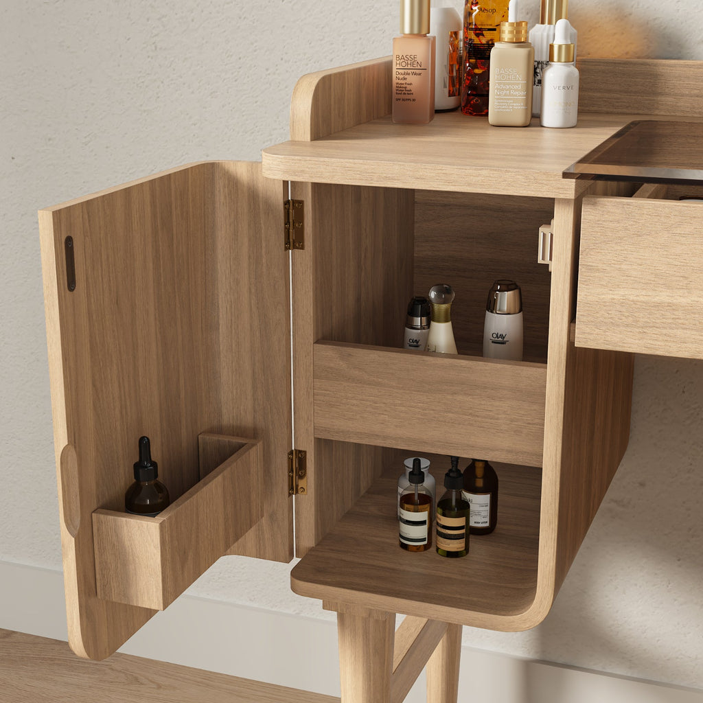 Mid-Century Modern Makeup Vanity with Rotating Mirror and Stool