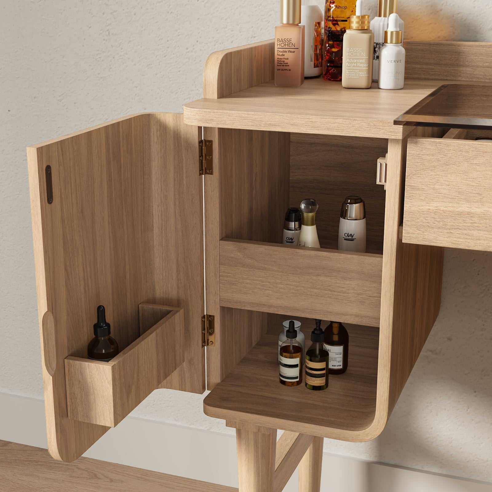 Mid-Century Modern Makeup Vanity with Rotating Mirror and Stool