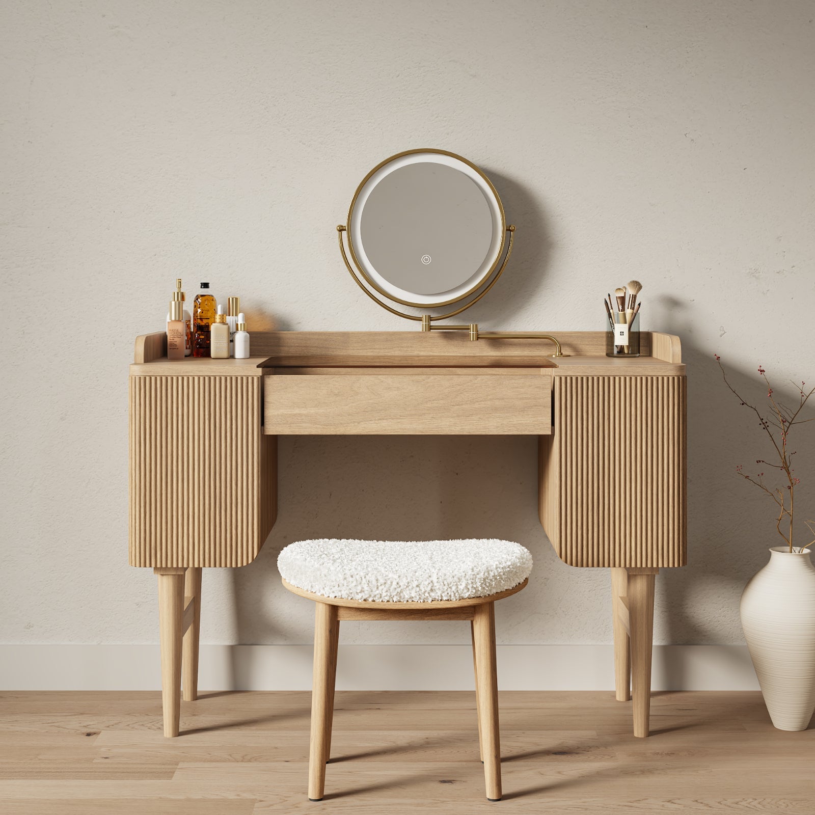 Mid-Century Modern Makeup Vanity with Rotating Mirror and Stool