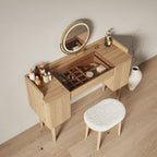 Mid-Century Modern Makeup Vanity with Rotating Mirror and Stool