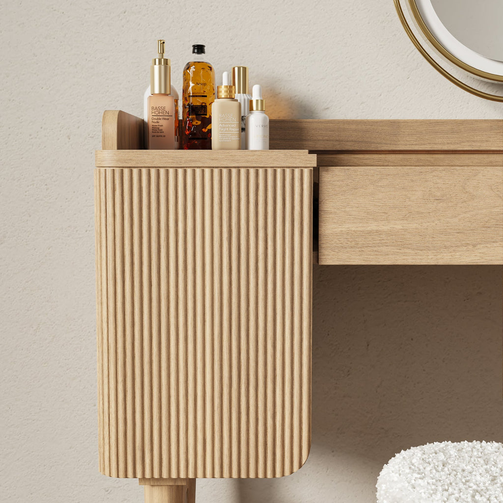 Mid-Century Modern Makeup Vanity with Rotating Mirror and Stool