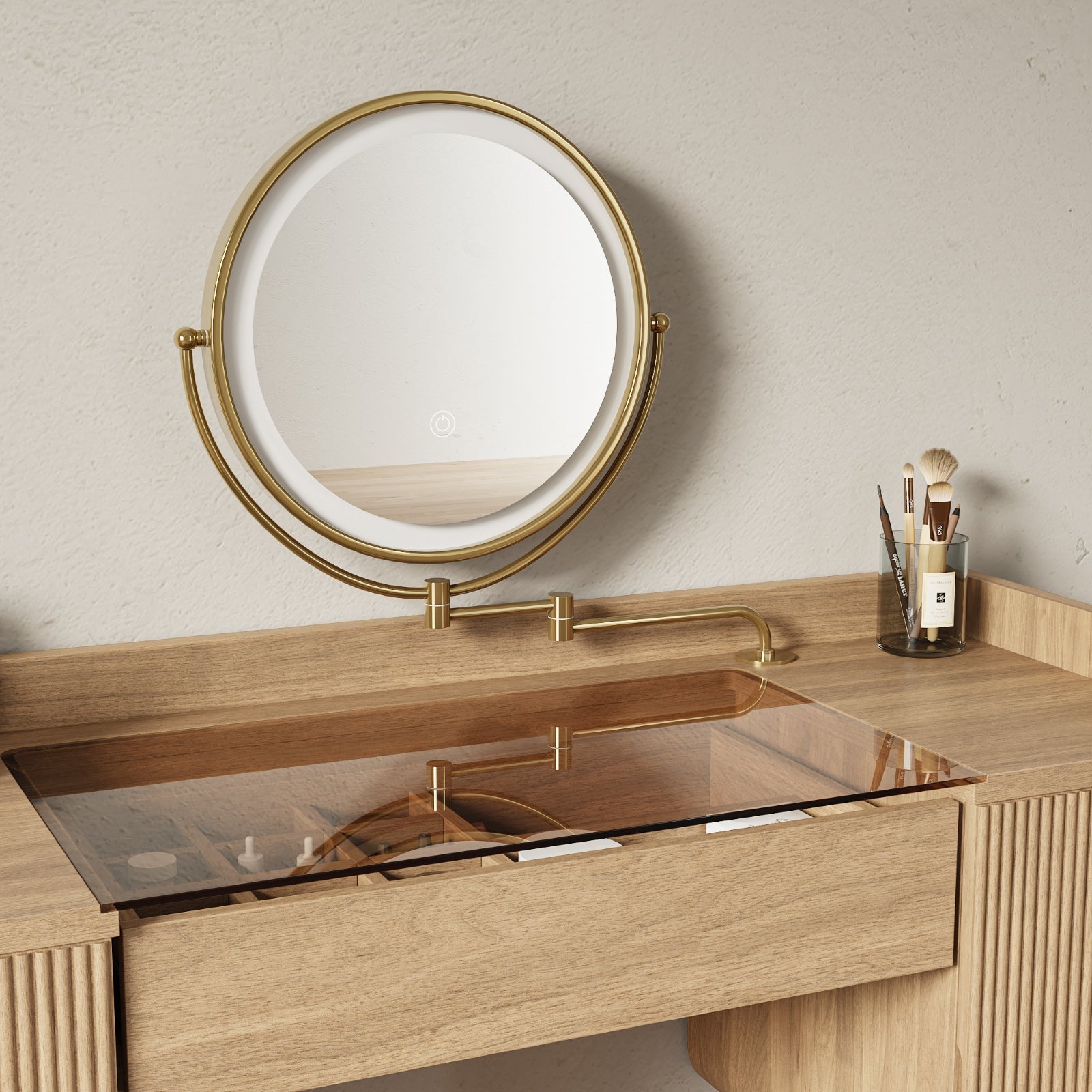 Mid-Century Modern Makeup Vanity with Rotating Mirror and Stool