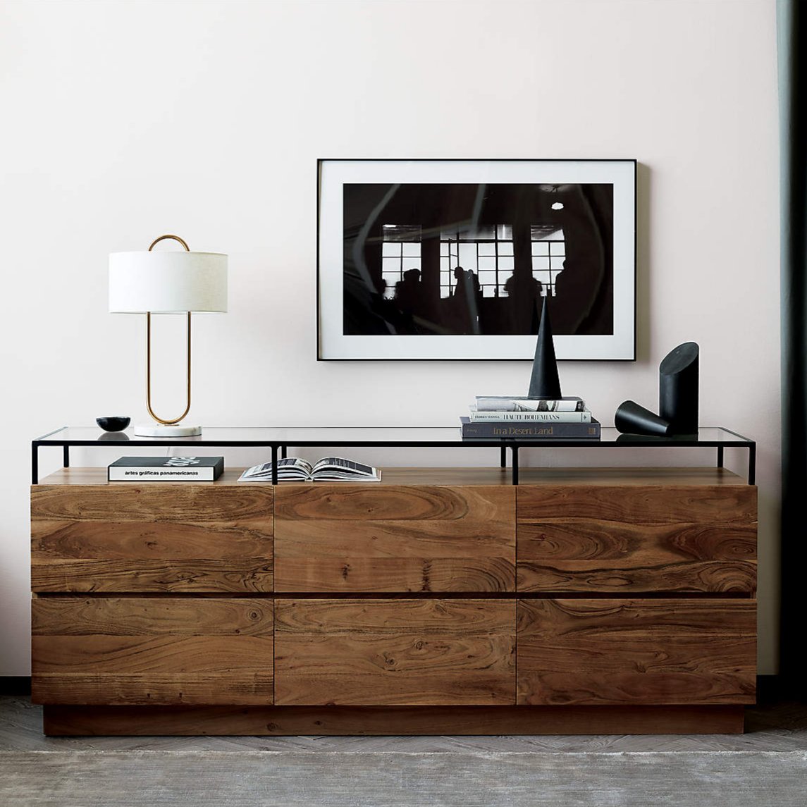 6-Drawer Side Cabinet with Suspend Glass Top