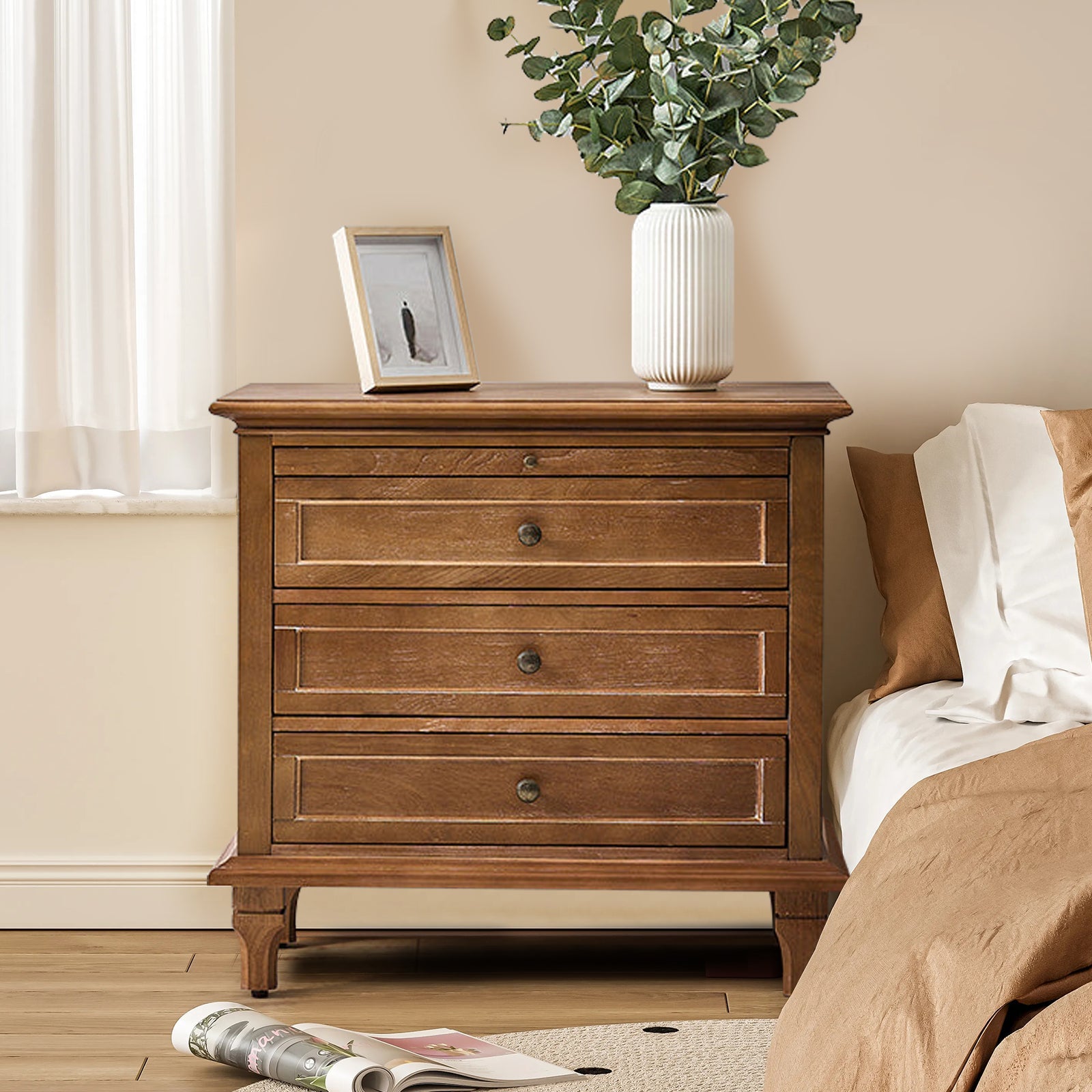 3-Drawer Nightstand Cabinet with Built-In Charge Station