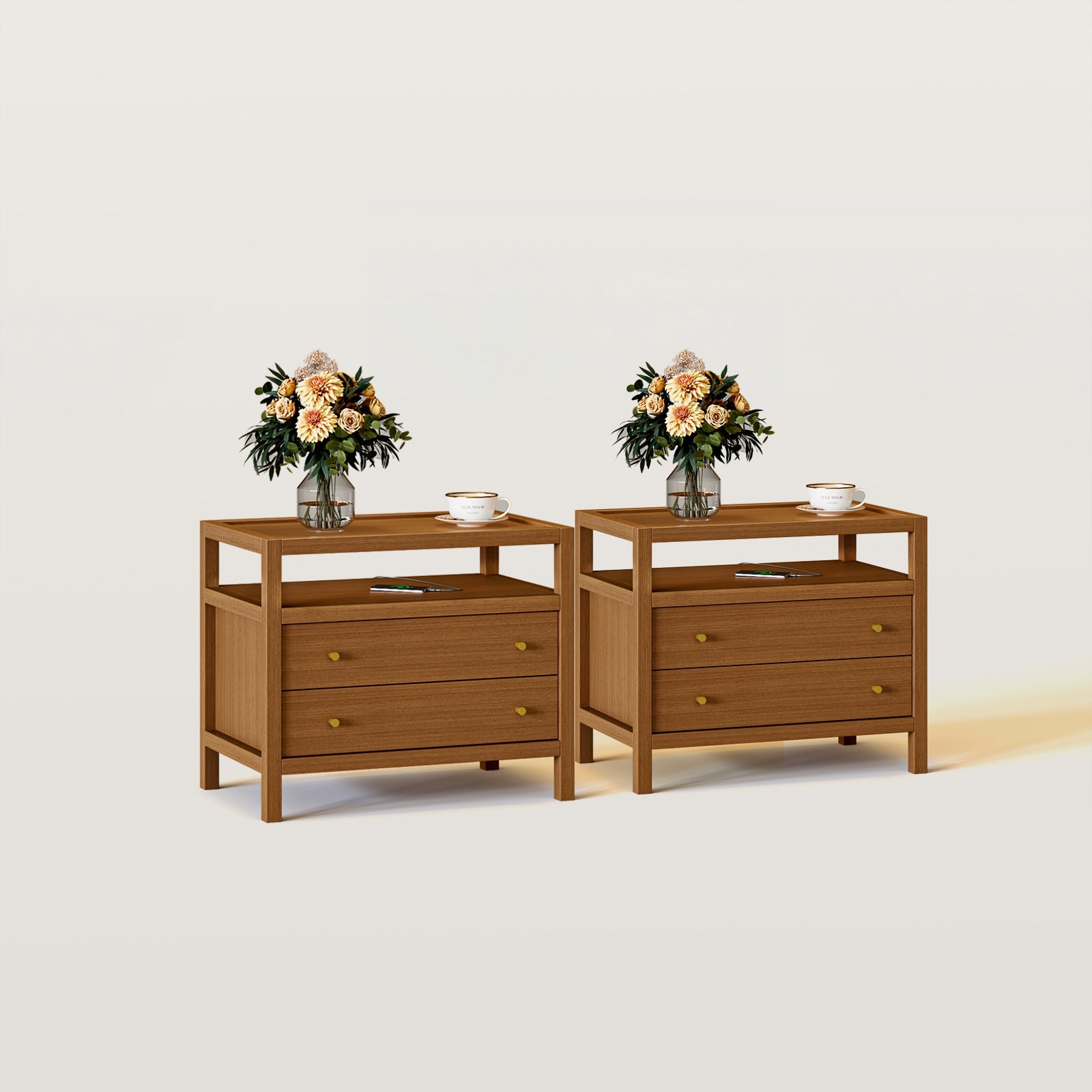 Bullet Shaped Handle Double-layer Drawer Charging Nightstand