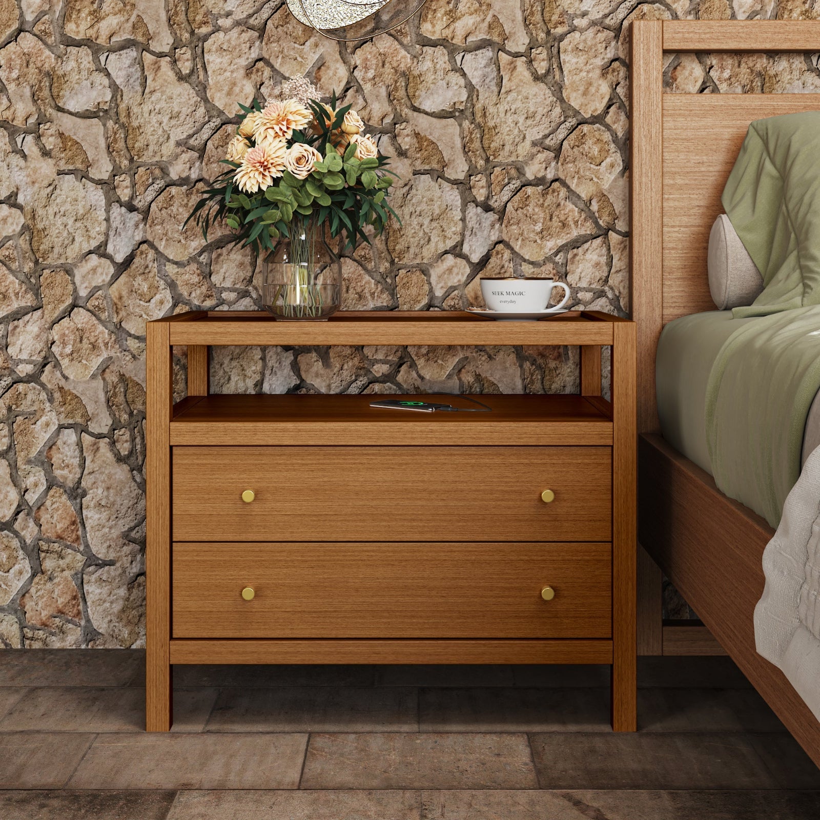 Bullet Shaped Handle Double-layer Drawer Charging Nightstand