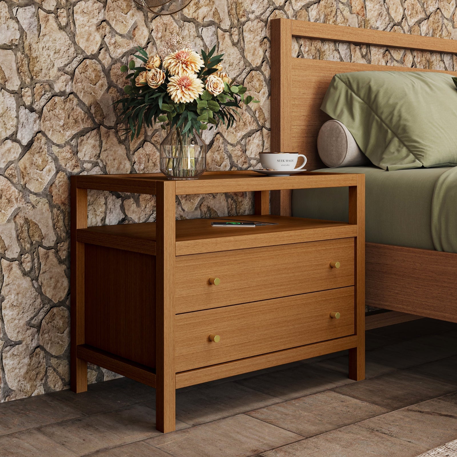 Bullet Shaped Handle Double-layer Drawer Charging Nightstand