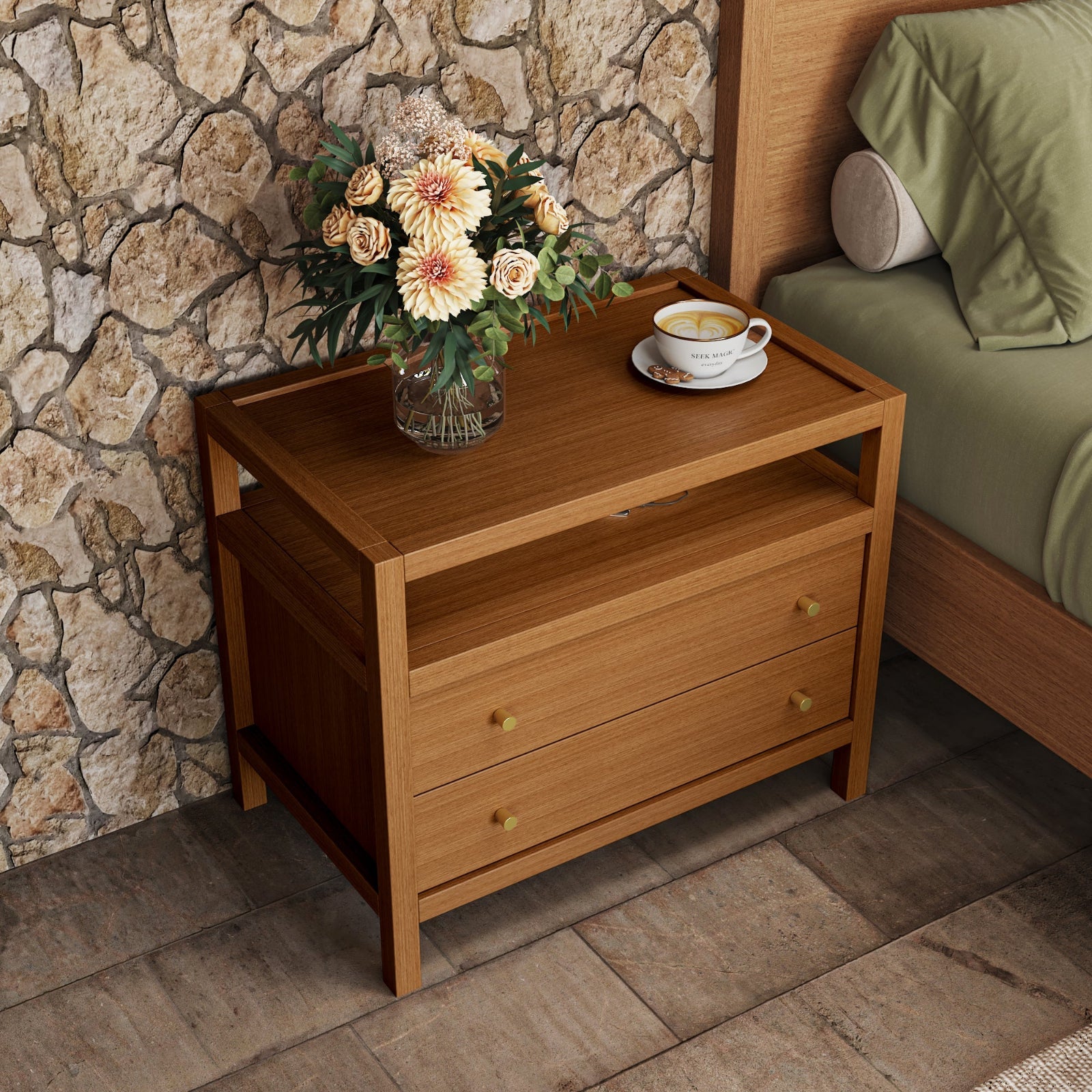 Bullet Shaped Handle Double-layer Drawer Charging Nightstand