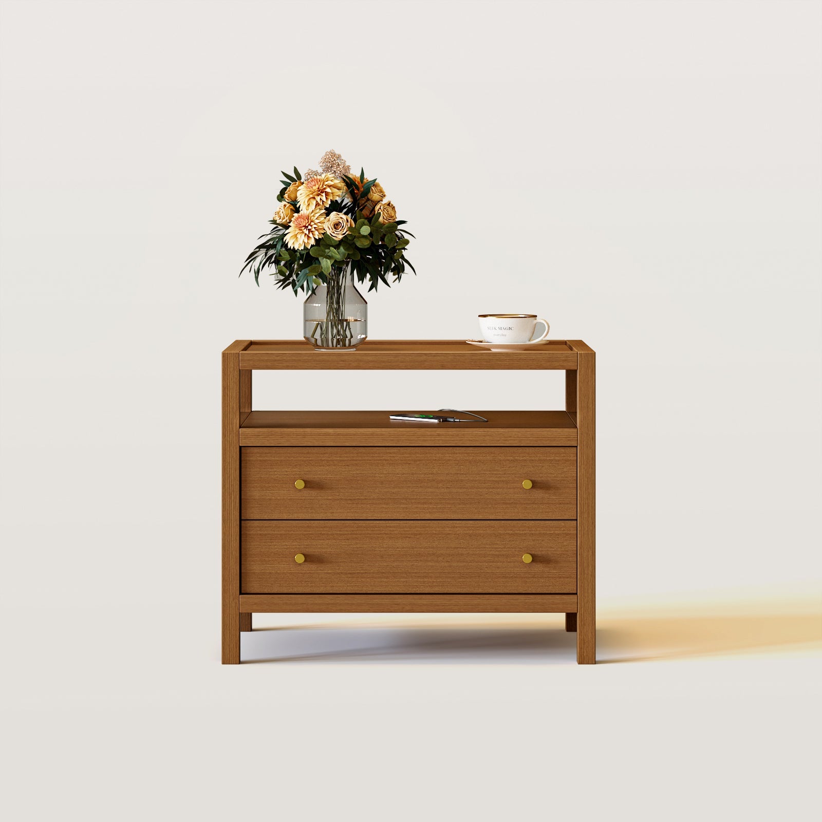 Bullet Shaped Handle Double-layer Drawer Charging Nightstand