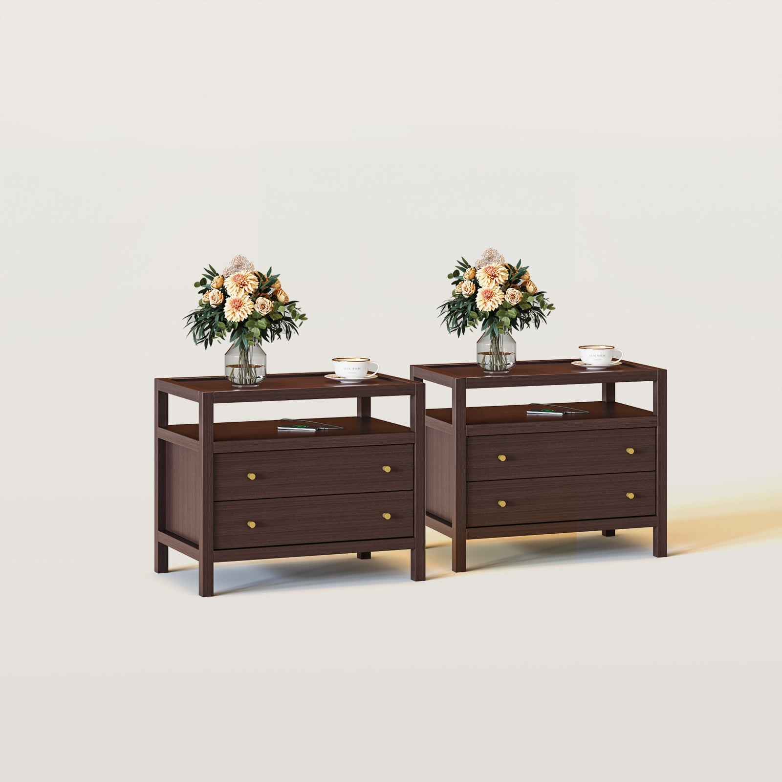 Bullet Shaped Handle Double-layer Drawer Charging Nightstand