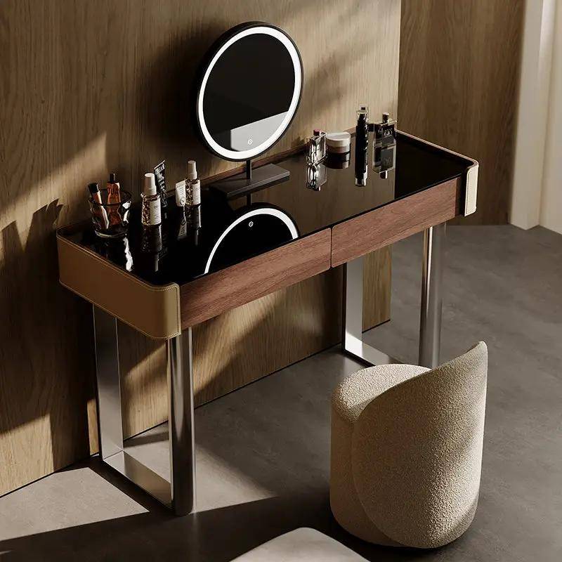 Minimalist Bedroom Makeup Vanity with Glass Top