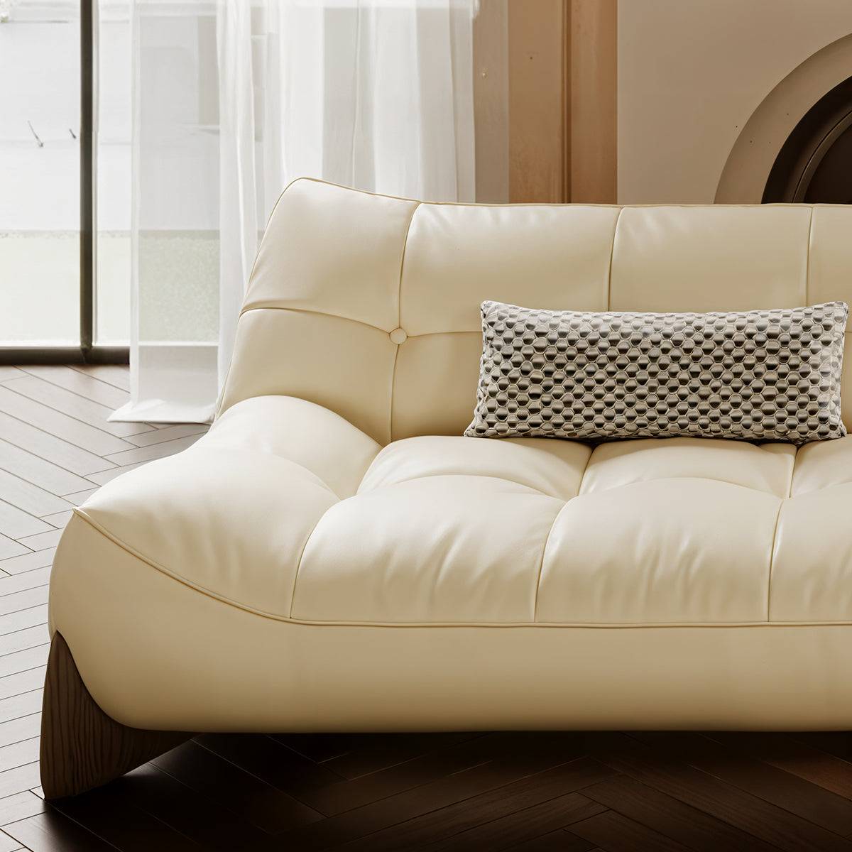 98in Cream Style Leather Straight Row Sofa with Soft Seat
